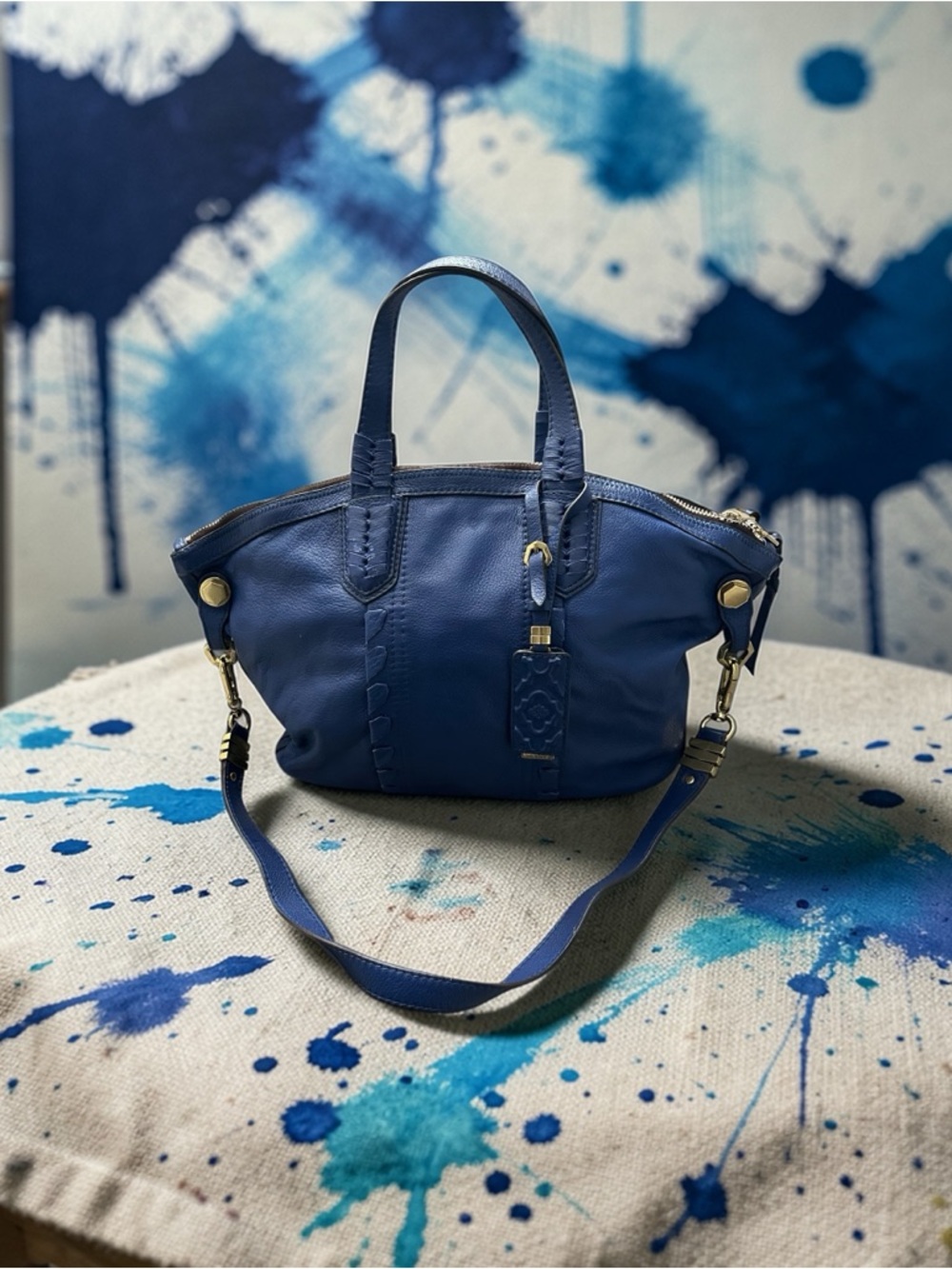 Royal Blue Pebbled Leather Convertible Satchel Tote Handbag